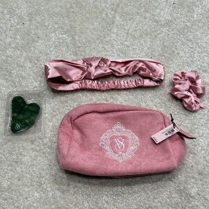 Pink Cosmetic Bag Set with Headband, Jade Facial Stone, and Scrunchie